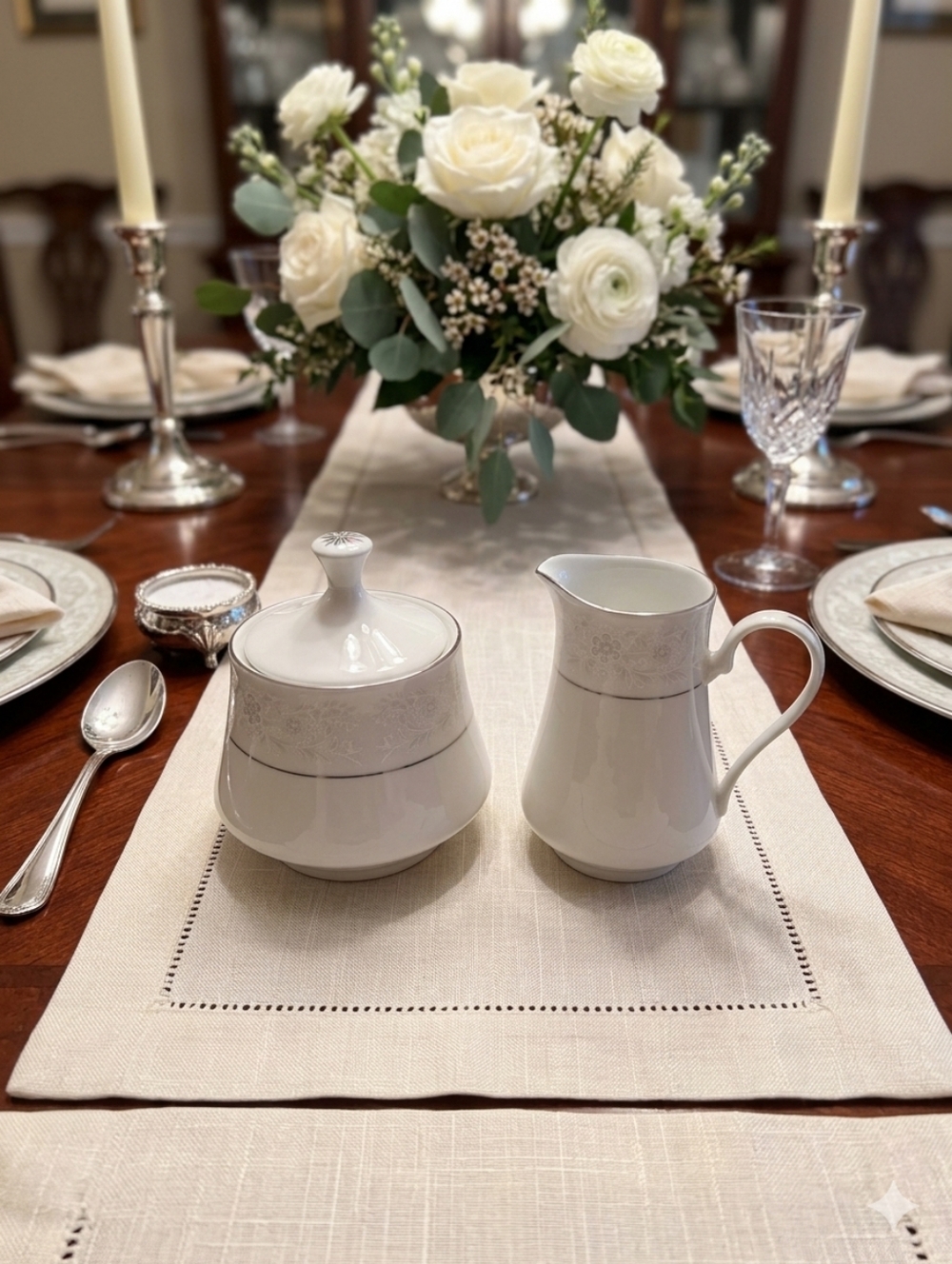 Crown Ming Queen's Lace Cream & Sugar Set Fine China Jian Shiang Platinum Trim
